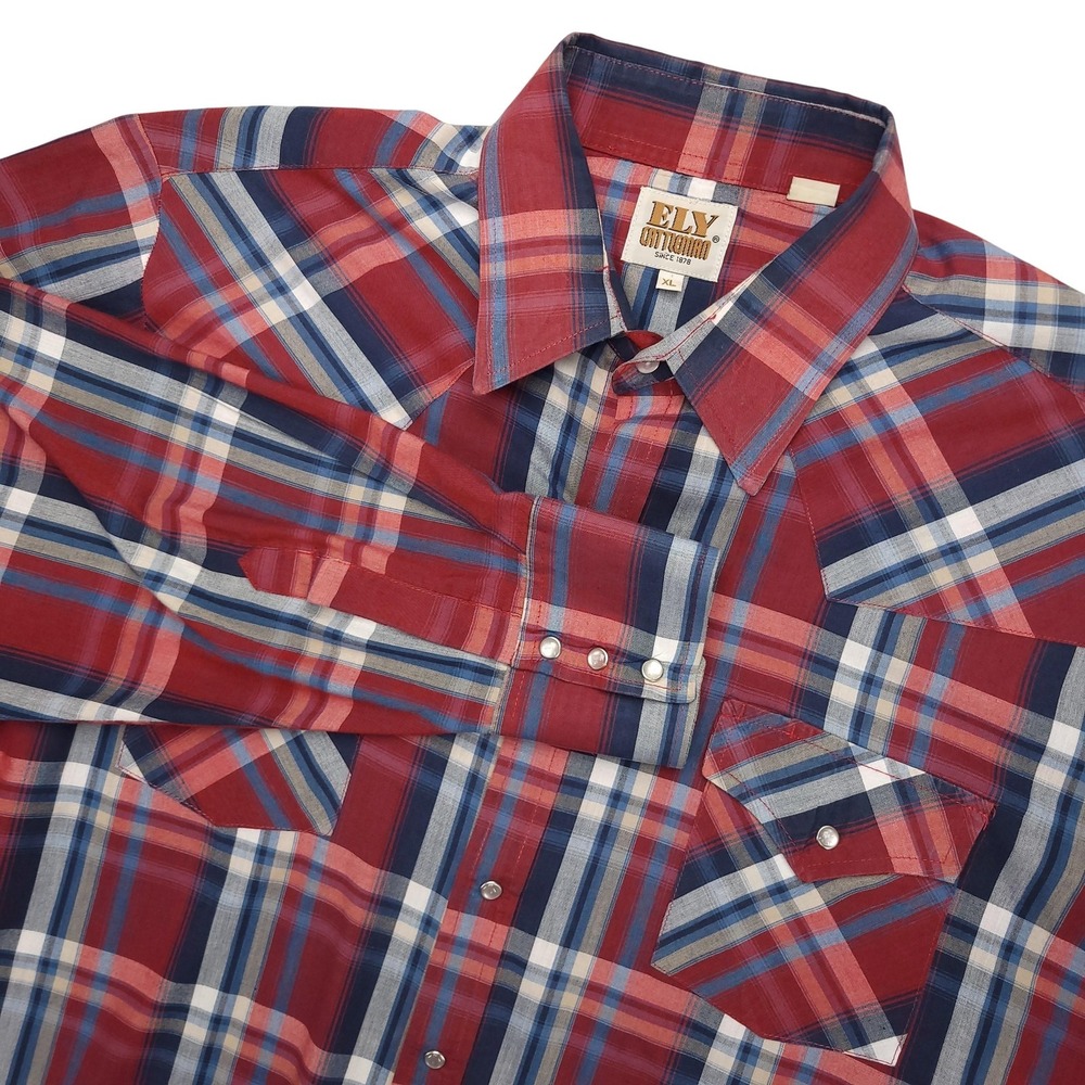 Ely Cattleman Shirt Mens XL Red Blue Plaid Western Pearl Snap Long Sleeve Cowboy